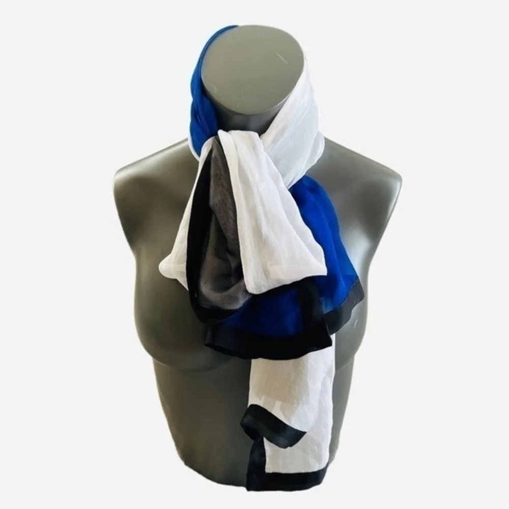 Designer Blue Black White Blocks Framed Silk Scarf 72
